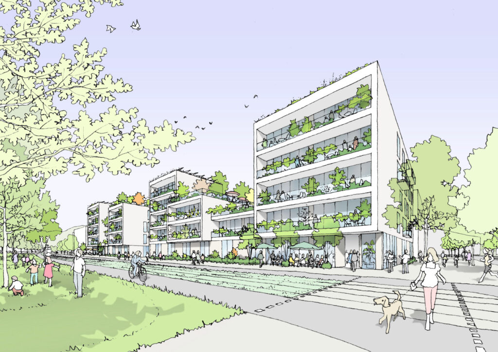 Architekturzeichnung von begrünten Häusern